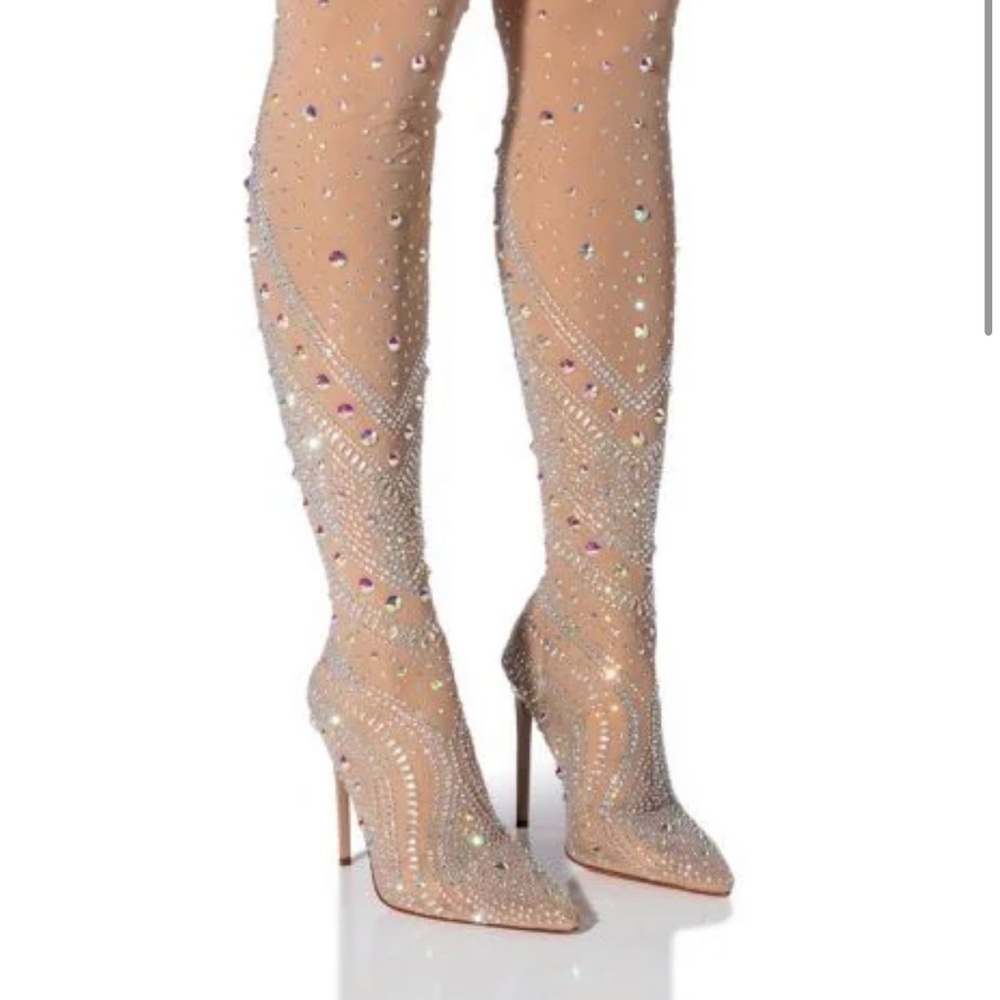 Azalea Wang Roxy Rhinestone Thigh High Stiletto Boot in Nude - 8